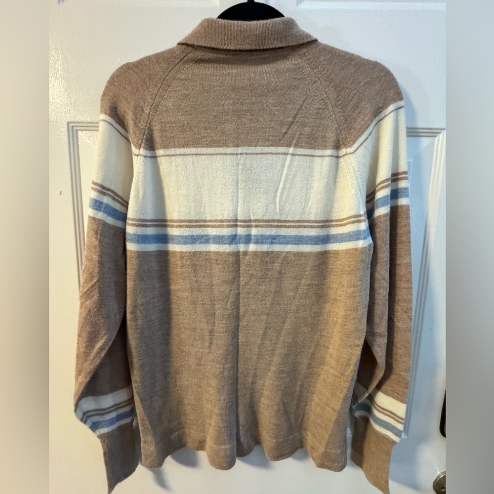 Vintage 70s Men's Long Sleeve Striped Neutral Polo Button Up Shirt Knit Preppy - Picture 7 of 11